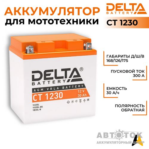 Мотоаккумулятор Delta CT 1230, 12V 30Ah, 300А YTX30L-BS, YB30L-B, YTX30L обратная пол.